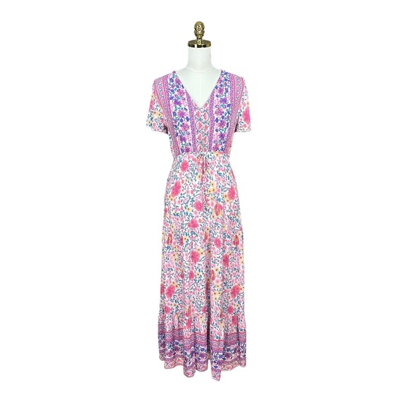 Viovimos Dresses & Skirts - Viovimos Pink Floral Boho Maxi Dress V-Neck‎ Tiered Button Front Size S 4/6